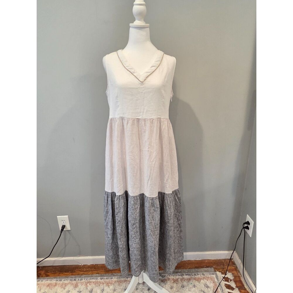 Joie Colorblock Linen Tiered Maxi Dress Sleeveless Neutral Travel Resort Sz Md